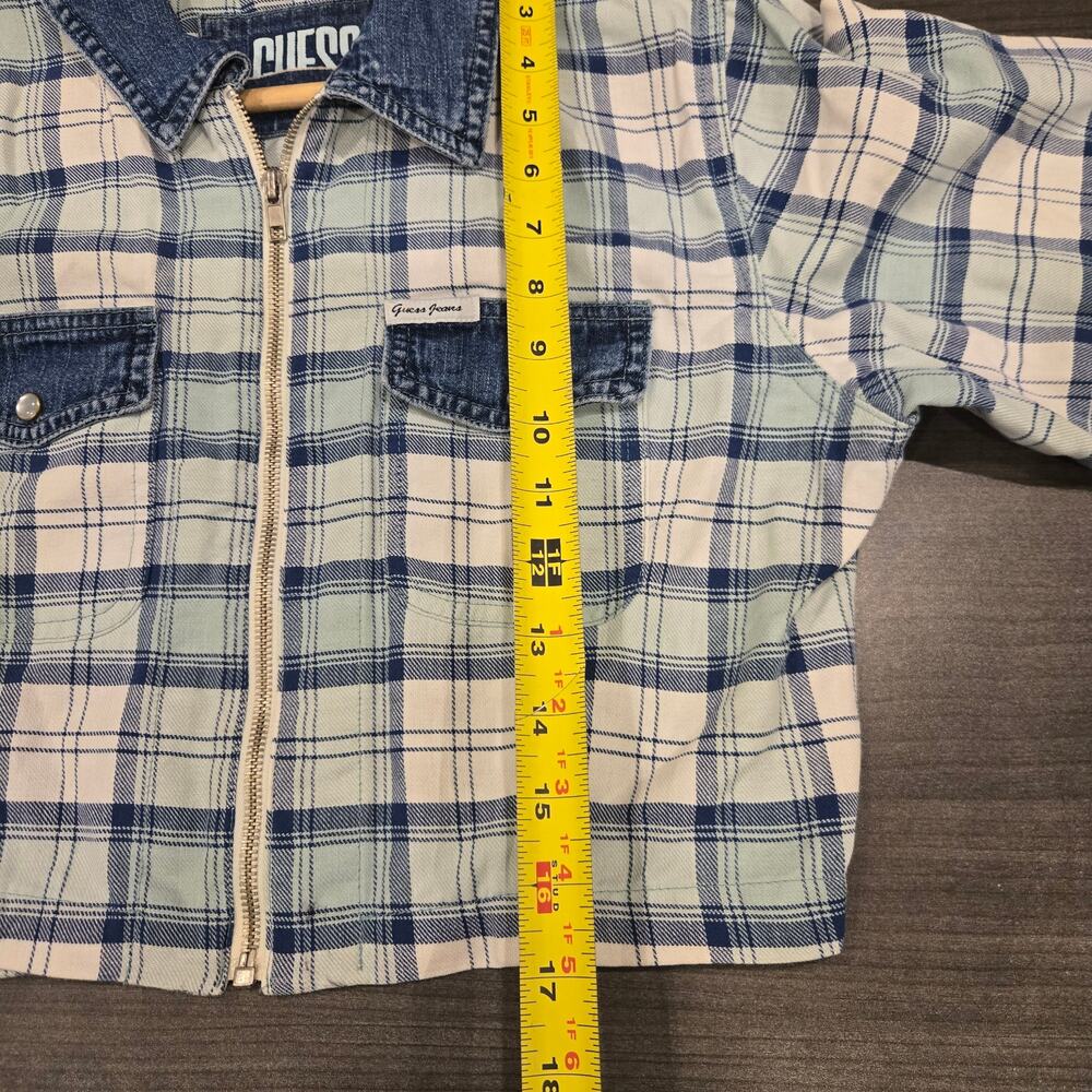 GUESS Vintage 90s Cropped Plaid Denim Pearl Snap Zip Top - Picture 11 of 11